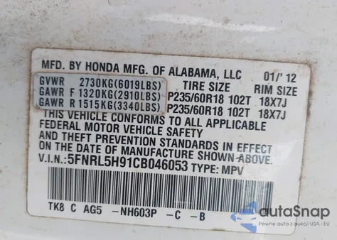 2012 Honda Odyssey Touring/Touring Elite z USA, uszkodzony, nr VIN 5FNRL5H91CB046053